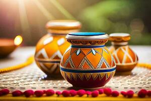 three colorful vases on a table with candles. AI-Generated photo