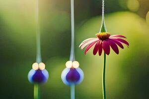 a pink flower is standing in front of a string of lights. AI-Generated photo