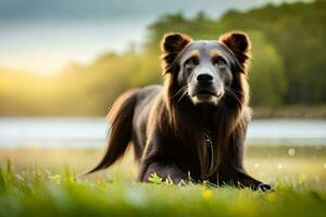 un negro perro es sentado en el césped. generado por ai foto