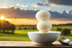 a bowl of white balls on a table with a spoon. AI-Generated photo