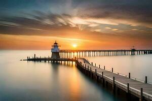 a long exposure photograph of a lighthouse at sunset. AI-Generated photo