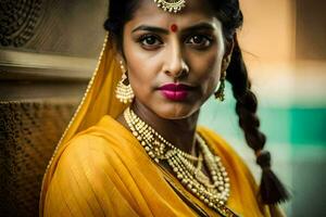 un hermosa indio mujer en un amarillo sari. generado por ai foto