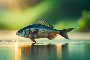 un pescado es en pie en el agua con el Dom brillante. generado por ai foto