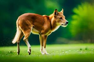 a dingo is standing on the grass in the forest. AI-Generated photo