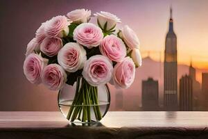 pink roses in a vase on a table with a city in the background. AI-Generated photo