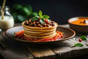pancakes with sauce and vegetables on a wooden table. AI-Generated photo