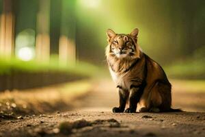 un Tigre sentado en el la carretera en el oscuro. generado por ai foto