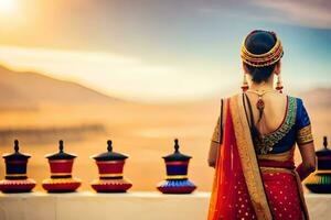 a woman in traditional indian attire stands on a balcony overlooking the desert. AI-Generated photo