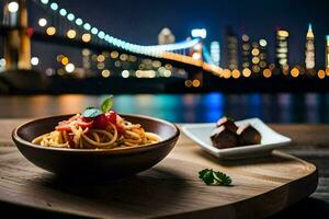 a bowl of pasta with a view of the brooklyn bridge. AI-Generated photo