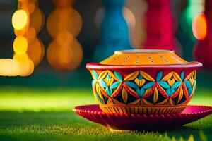 a colorful pot sitting on a green grassy field. AI-Generated photo