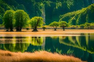 a lake surrounded by trees and mountains. AI-Generated photo