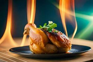 a chicken on a plate with flames in the background. AI-Generated photo