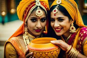 two women in traditional indian attire holding a pot. AI-Generated photo