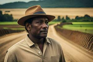 a man wearing a hat stands on a dirt road. AI-Generated photo