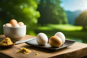 eggs on a wooden table with a bowl of flour. AI-Generated photo