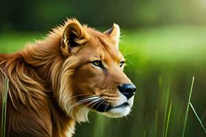 a lion is standing in the grass. AI-Generated photo