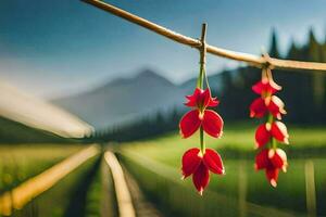 red flowers hanging from a wire in front of a mountain. AI-Generated photo