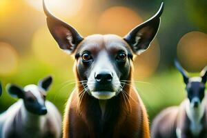 un perro y varios otro animales en un campo. generado por ai foto