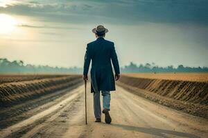 a man in a suit and hat walking down a dirt road. AI-Generated photo