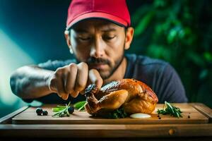 un hombre en un rojo sombrero es participación un pollo en un corte tablero. generado por ai foto