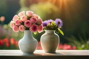 two vases with pink roses sitting on a table. AI-Generated photo