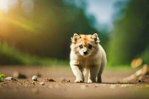 a puppy walking on a dirt road in the sun. AI-Generated photo