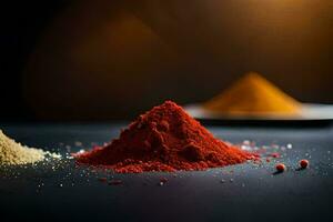 three different types of spices are shown on a black background. AI-Generated photo