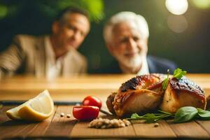 two men sitting at a table with a chicken on it. AI-Generated photo