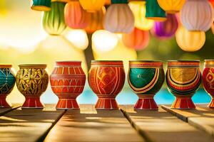 colorful vases on a table with colorful paper lanterns. AI-Generated photo