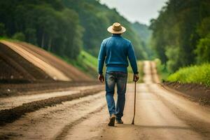 a man walking on a dirt road with a cane. AI-Generated photo