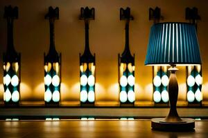 un lámpara es sentado en un mesa en frente de un pared de luces. generado por ai foto