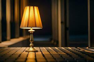a lamp on a table in front of a window. AI-Generated photo