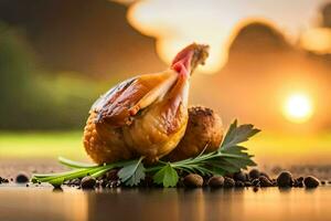 a chicken is sitting on a table with herbs and spices. AI-Generated photo