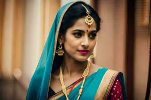 a beautiful indian woman wearing a sari and jewelry. AI-Generated photo