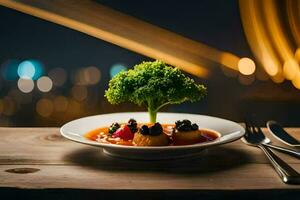 a plate with food and a tree on a table. AI-Generated photo