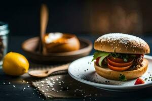 a hamburger with vegetables and a lemon on a plate. AI-Generated photo