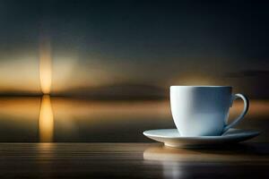 café taza en un mesa con un ver de el puesta de sol. generado por ai foto