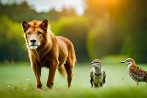 a lion and two birds in a field. AI-Generated photo