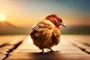 un pollo es en pie en un de madera plataforma a puesta de sol. generado por ai foto