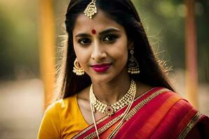 a beautiful indian woman in a red sari. AI-Generated photo