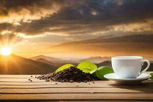 coffee cup and coffee beans on the table. AI-Generated photo