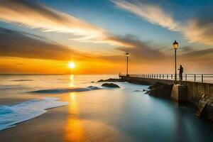 a man stands on a pier at sunset. AI-Generated photo