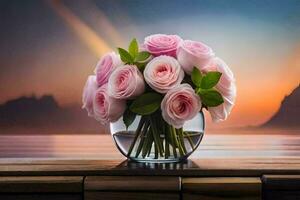 pink roses in a vase on a table with a sunset in the background. AI-Generated photo
