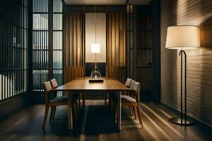 a dining room with wooden walls and a table. AI-Generated photo