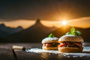 dos hamburguesas en un mesa con un puesta de sol en el antecedentes. generado por ai foto