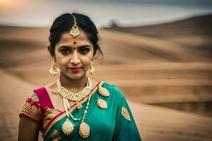 a beautiful indian woman in a sari standing in the desert. AI-Generated photo