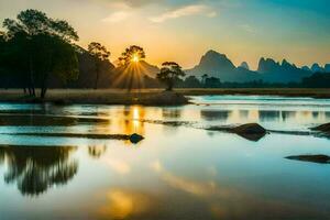 the sun rises over a river and mountains in china. AI-Generated photo