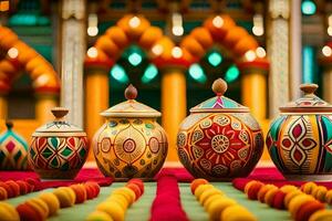 a row of colorful vases on a table. AI-Generated photo