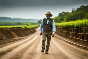 a man in a hat and vest walking down a dirt road. AI-Generated photo