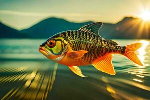 un pescado es nadando en el agua a puesta de sol. generado por ai foto